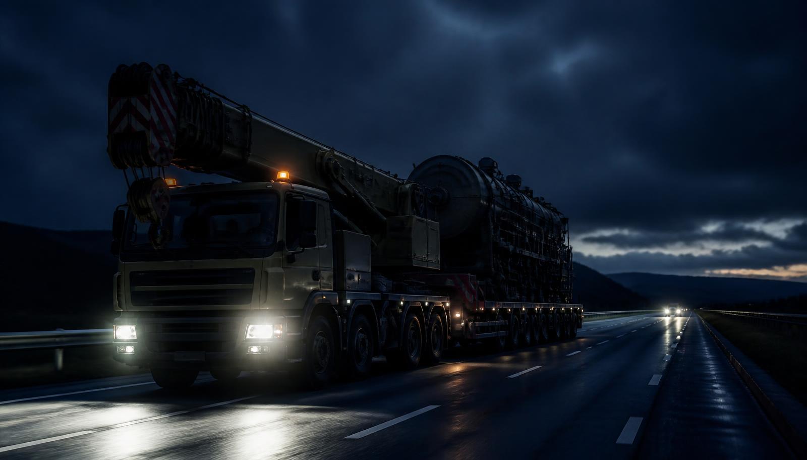 Grúa trasladando maquinaria industrial por carretera durante la noche